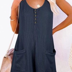 Women Sleeveless Crew Neck Regular Fit Shorts Pocket Stitching Daily Casual Plain Natural Jumpsuit, Jumpsuits&Rompers, color:Purplish blue|size:XXL, catalog Noracora shop