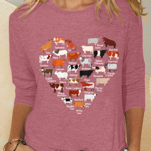 Love Cows Heart Casual Long Sleeve Shirt, Long sleeves, Lilicloth.com