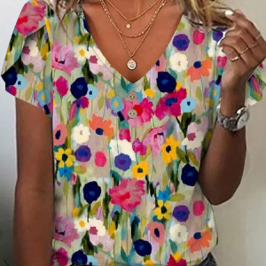 Women's Short Sleeve Tee T-shirt Summer Floral V Neck Daily Going Out Casual Top Multicolor, JustFashionNow T-Shirts, color:Multicolor|size:XXL,