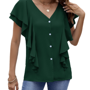 V Neck Short Sleeve Striped Regular Loose Blouse For Women, Blouses, color:darkgreen|size:XXL, catalog Noracora shop