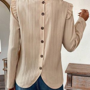 Crew Neck Long Sleeve Plain Buckle Regular Loose Blouse For Women, Blouses, color:Apricot|size:XL, catalog Noracora shop