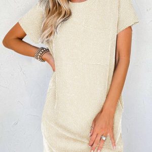 Women Plain Crew Neck Short Sleeve Comfy Casual Short Dress, Short, color:Apricot|size:XXL, catalog Noracora shop