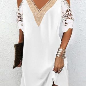 Women Plain V Neck Short Sleeve Comfy Casual Lace Mini Dress, Short, color:White|size:3XL, catalog Noracora shop
