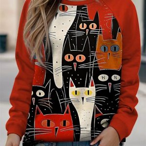 Casual Crew Neck Cat Sweatshirt, Hoodies & Sweatshirts, color:Red|size:5XL, catalog Noracora shop