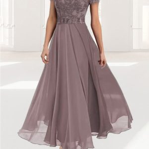Women Plain V Neck Short Sleeve Comfy Elegant Lace Maxi Dress, Dresses, color:lavender|size:XXL, catalog Noracora shop