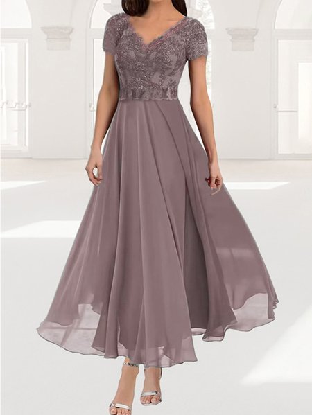 Women's Short Sleeve Summer Plain Lace Chiffon V Neck Tea Party Wedding Guest Mother of the Bride Elegant Maxi Formal A-Line Dress Green Purple Blue, JustFashionNow Dresses, color:lavender|size:XXL,