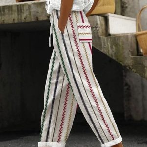 Casual Striped Long Elastic Waist Pocket Stitching Pant, Pants, color:White|size:XXL, catalog Noracora shop