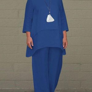 Women Plain Crew Neck Three Quarter Sleeve Comfy Casual Top With Pants Two-Piece Set, Jumpsuits&Rompers, color:Royal Blue|size:5XL, catalog Noracora shop