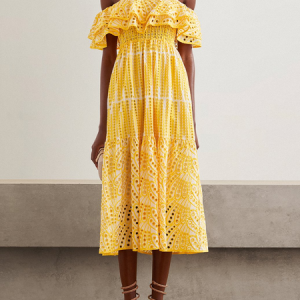 Women Plain Boat Neck Short Sleeve Comfy Vacation Eyelet Maxi Dress, Dresses, color:Yellow|size:XL, catalog Noracora shop
