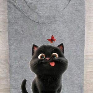 Crew Neck Loose Cat Casual T-Shirt, T-shirts, Lilicloth.com