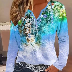 V Neck Long Sleeve Floral Regular Loose Blouse For Women, Blouses, color:Blue|size:XXL, catalog Noracora shop