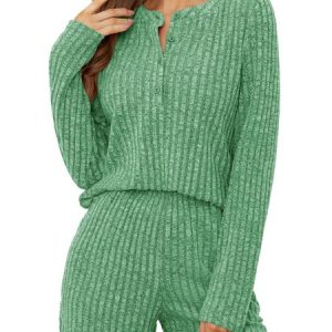 Women Plain V Neck Long Sleeve Comfy Casual Top With Pants Two-Piece Set, Sets, color:Green|size:XXL, catalog Noracora shop