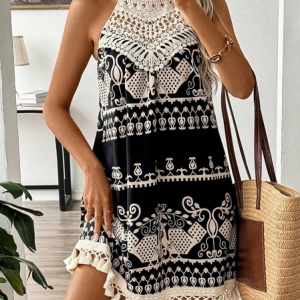 Women Ethnic Crew Neck Sleeveless Comfy Casual Tassel Mini Dress, Short, color:Black|size:XXL, catalog Noracora shop