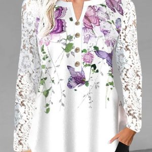V Neck Long Sleeve Floral Lace Regular Loose Blouse For Women, Blouses, color:Purple|size:XXL, catalog Noracora shop