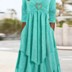 Women Geometric Crew Neck Long Sleeve Comfy Casual Buckle Maxi Dress, Maxi, color:Aqua|size:3XL, catalog Noracora shop
