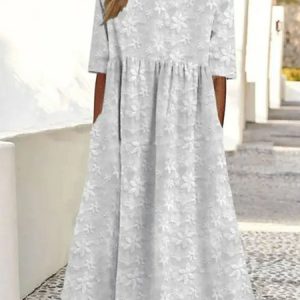 Women Plain Crew Neck Half Sleeve Comfy Casual Maxi Dress, Maxi, color:White|size:3XL, catalog Noracora shop