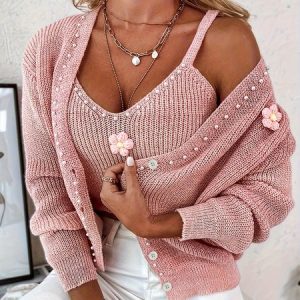 Women Striped Shirt Collar Long Sleeve Comfy Casual Coat With Cami Two-Piece Set, Sweaters, color:Pink|size:XXL, catalog Noracora shop