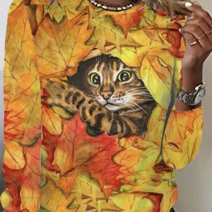 Casual Cat Crew Neck Long Sleeve T-shirt, T-shirts, color:Orange|size:XXL, catalog Noracora shop