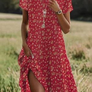 Women Floral Crew Neck Short Sleeve Comfy Casual Mini Dress, Midi, color:Red|size:3XL, catalog Noracora shop