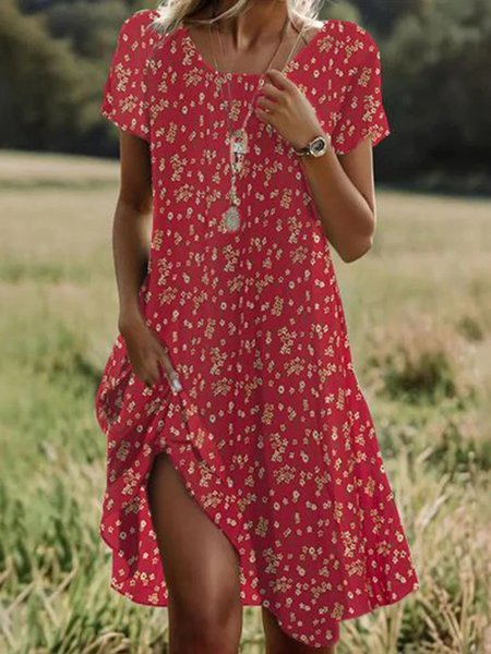 Women's Short Sleeve Summer Floral Dress Crew Neck Daily Going Out Casual Mini A-Line Red, JustFashionNow Dresses, color:Red|size:3XL,