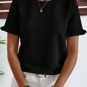 Crew Neck Short Sleeve Plain Regular Regular Fit Shirt For Women, Blouses, color:Black|size:XXL, catalog Noracora shop