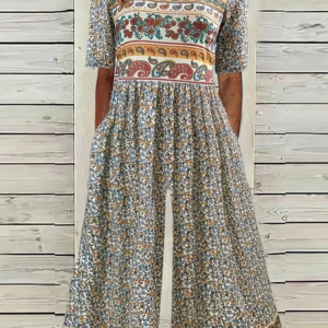 Women Short Sleeve Crew Neck Loose Long Daily Vacation Small Floral Natural Jumpsuit, Jumpsuits&Rompers, color:Multicolor|size:XXL, catalog Noracora shop