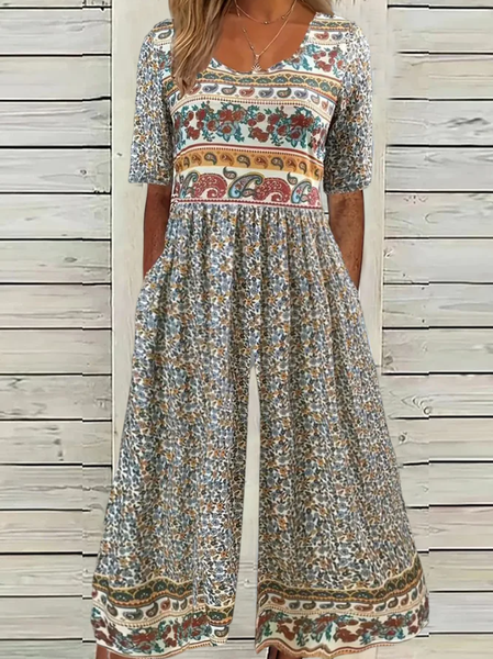 Women's Small Floral Crew Neck Short Sleeve Vacation Summer Jumpsuit, JustFashionNow Jumpsuits&Rompers, color:Multicolor|size:XXL,