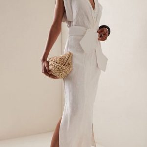 Commuting Plain Urban V Neck Regular Linen Dress, Maxi Dresses, color:White|size:XL, Stylewe