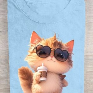 Crew Neck Cat Casual Cotton T-Shirt, T-shirts, Lilicloth.com