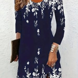 Women Floral V Neck Three Quarter Sleeve Comfy Casual Maxi Dress, Dresses, color:Deep Blue|size:XXL, catalog Noracora shop