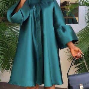 Elegant Buttoned Stand Collar Loose Mini Dress, Midi Dresses, color:Green|size:XXL, Stylewe
