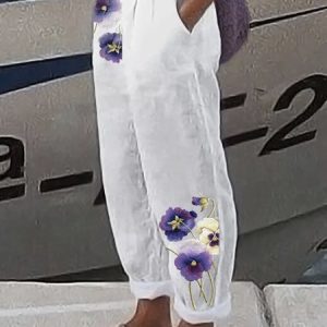 Casual Floral Ankle Pants Elastic Waist Pocket Stitching Pant, Pants, color:White|size:3XL, catalog Noracora shop