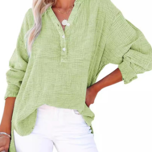 V Neck Long Sleeve Plain Buckle Regular Loose Shirt For Women, Blouses, color:Green|size:XXL, catalog Noracora shop