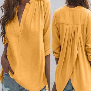 Shirt Collar Long Sleeve Plain Regular Loose Blouse For Women, Blouses, color:Yellow|size:5XL, catalog Noracora shop