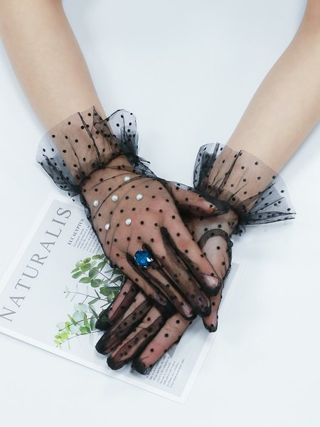 Elegant Imitation Pearl Polka Dots Mesh Gloves, Scarves, color:Black|size:One-size, Stylewe