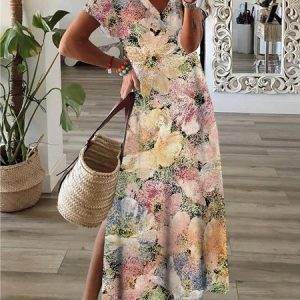 Women Floral Short Sleeve Summer Dress V Neck Daily Casual Maxi H-Line Dress, JustFashionNow Dresses, color:Yellow|size:XXL,