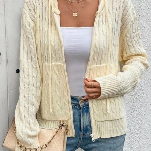 Women Yarn/Wool Yarn Plain Long Sleeve Comfy Casual Zipper Cardigan, Cardigans, color:Apricot|size:L, catalog Noracora shop