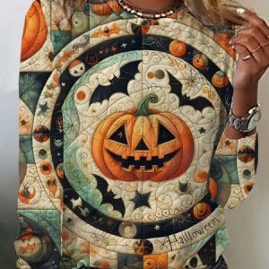 Casual Halloween Cute Pumpkin Print Crew Neck Long Sleeve T-shirt, T-shirts, color:Multicolor|size:XXL, catalog Noracora shop
