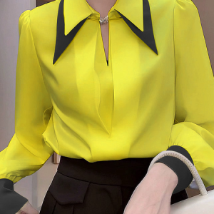 Urban Loose Shirt Collar Long Sleeve Color Block Blouse, Blouses and Shirts, color:Yellow|size:XXL, Stylewe