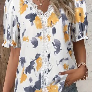 V Neck Short Sleeve Striped Lace Edge Lightweight Loose Blouse For Women, T-shirts, color:White|size:3XL, catalog Noracora shop