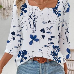 Casual Floral Notched Three Quarter Sleeve T-shirt, Blouses, color:Blue|size:XXL, catalog Noracora shop