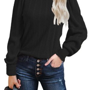Mock Neck Long Sleeve Plain Regular Micro-Elasticity Loose Blouse For Women, Blouses, color:Black|size:XXL, catalog Noracora shop
