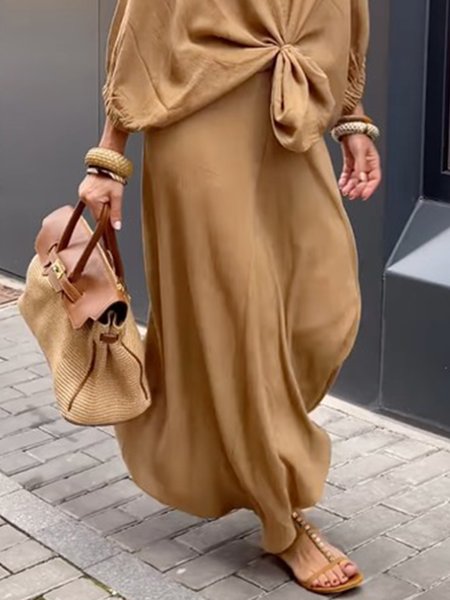 Plain Loose High Waist Casual Skirt, Skirts, color:Khaki|size:XXL, Stylewe