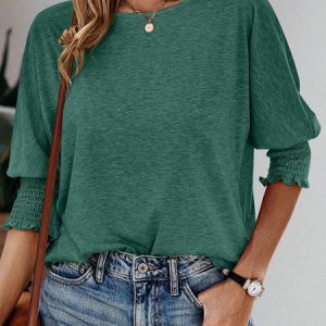 Crew Neck Half Sleeve Plain Regular Loose Shirt For Women, Blouses, color:darkgreen|size:XXL, catalog Noracora shop