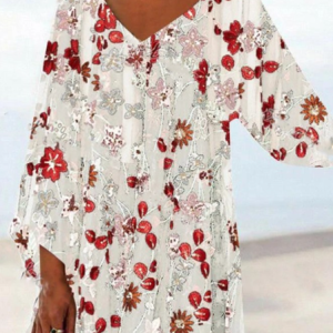 V Neck Three Quarter Sleeve Floral Regular Loose Blouse For Women, Blouses, color:White|size:5XL, catalog Noracora shop