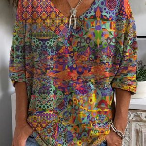 Casual Ethnic V Neck Long Sleeve T-shirt, T-shirts, color:Blue|size:3XL, catalog Noracora shop