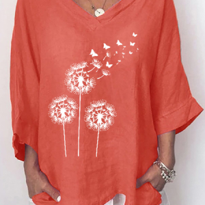 V Neck Long Sleeve Dandelion Regular Loose Blouse For Women, Blouses, color:Orange|size:5XL, catalog Noracora shop