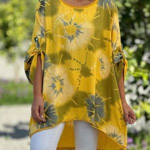 Crew Neck Three Quarter Sleeve Floral Regular Micro-Elasticity Loose Blouse For Women, Blouses, color:Yellow|size:5XL, catalog Noracora shop