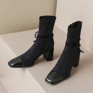 Vintage Houndstooth Square Toe Block Heel Boots, Boots, color:Black|size:39, Stylewe