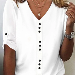 Women's Half Sleeve Tee T-shirt Summer Plain Buckle Cotton V Neck Daily Going Out Casual Top White, JustFashionNow T-Shirts, color:White|size:XXL,